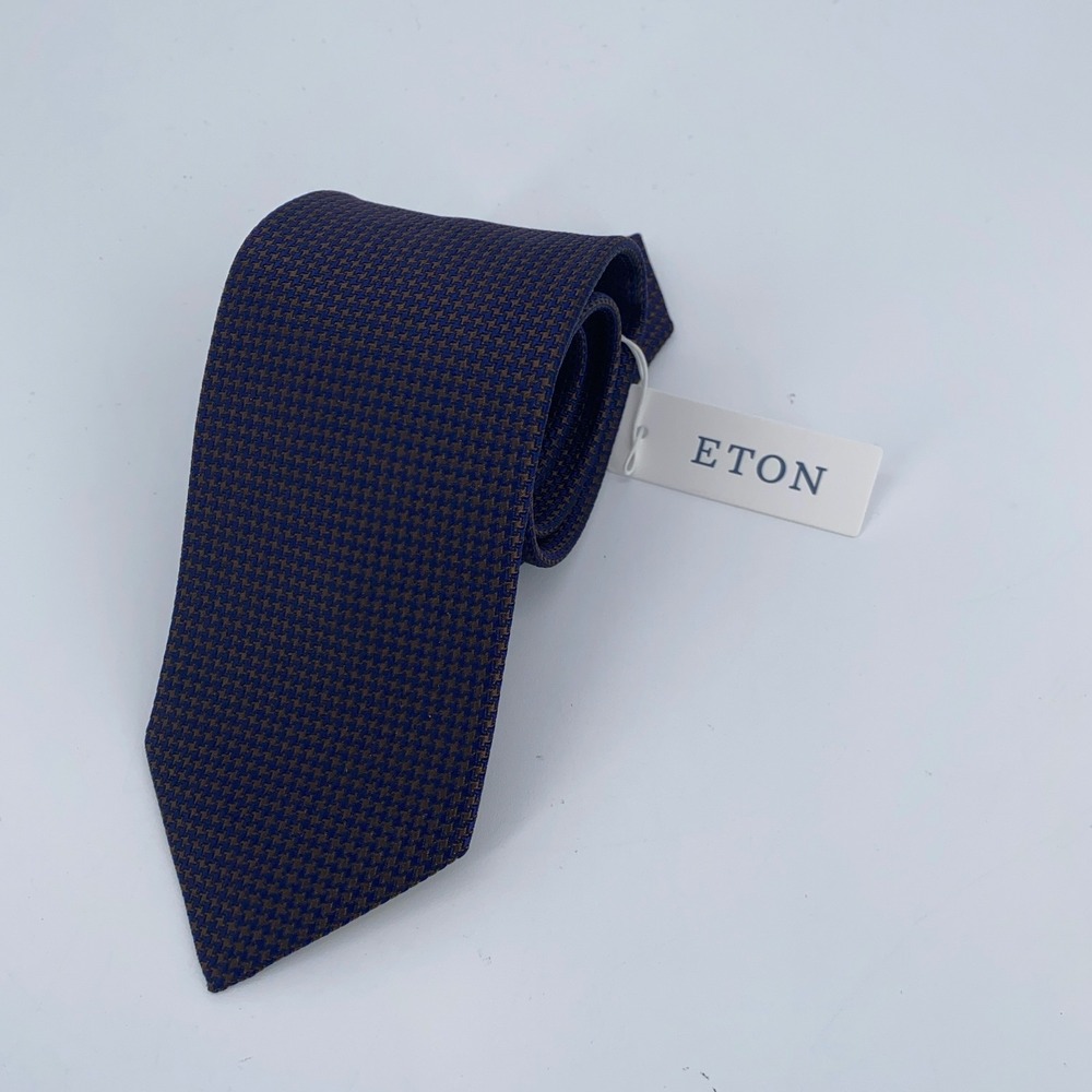 Eton Tie Mens One Size Blue Brown Patterned Silk Luxury Necktie England Made NWT